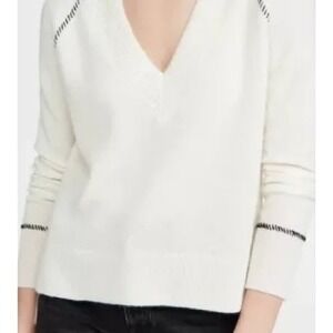 Veronica Beard Pipes & Shaw 100% Cashmere Preta V-Neck Sweater Whipstitch Sz M